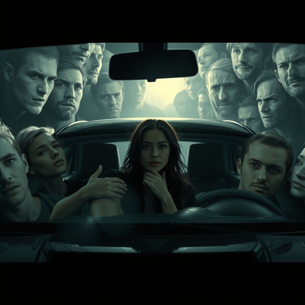 Surreal dream scene, cinematic and atmospheric, digital art: A surreal, emotional scene depicting a woman sitting inside a car, surrounded by countless wavering, translucent male faces reflecting heartbreak and abandonment, with a moody, dreamlike atmosphere conveying vulnerability and inner turmoil.