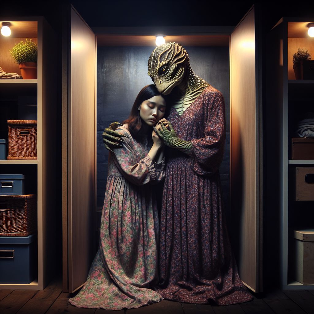 Surreal dream scene, cinematic and atmospheric, digital art: A night-vision view inside a dark, mysterious closet reveals a gentle lizard woman in a long floral dress, tears streaming down her scaled face as she embraces a young woman, surrounded by stacked black boxes in a remodeled, cozy home setting.
