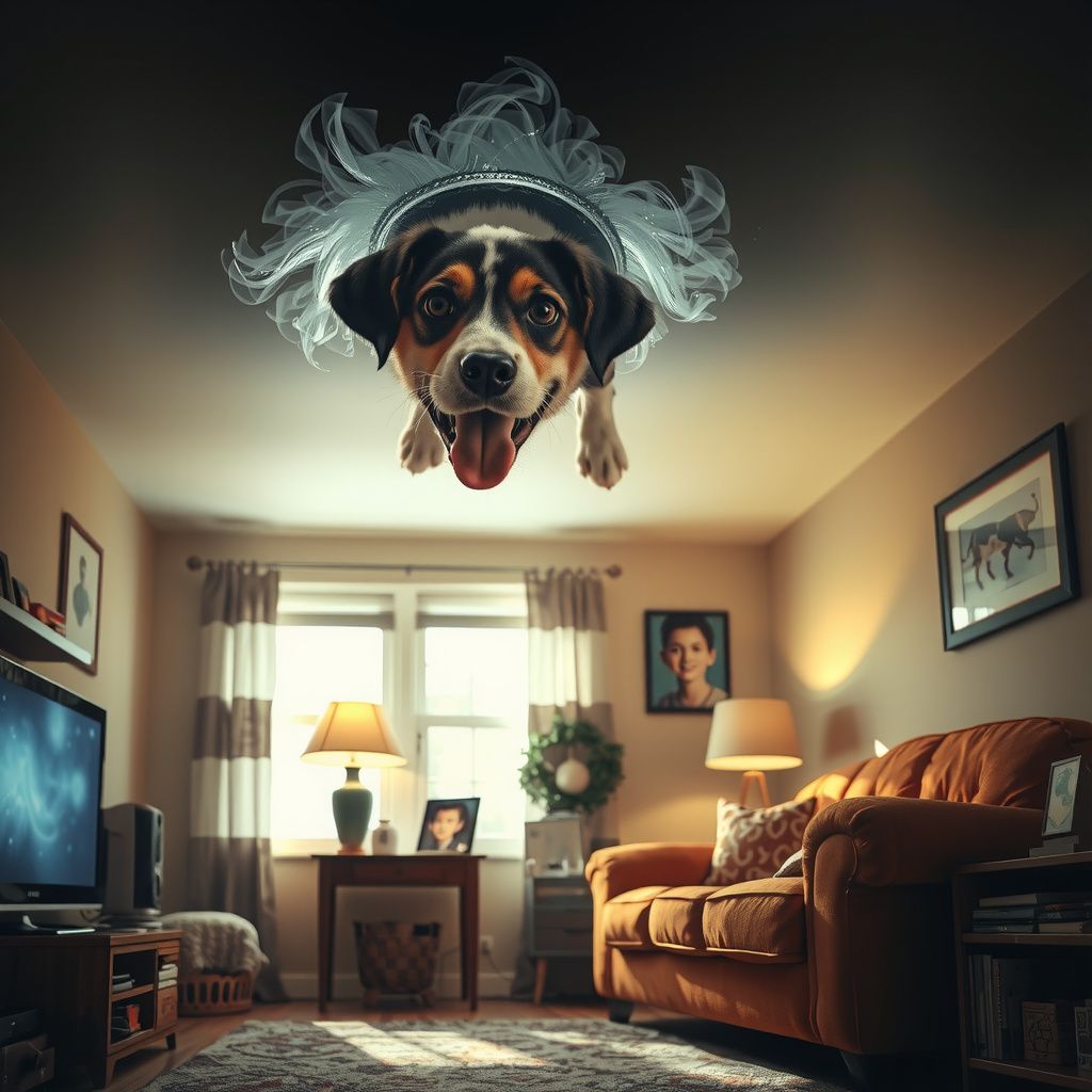 Surreal dream scene, cinematic and atmospheric, digital art: A curious dog bursting through a ceiling in a cozy childhood home while a person watches a realistic cartoon alone, with a startled but amazed expression.