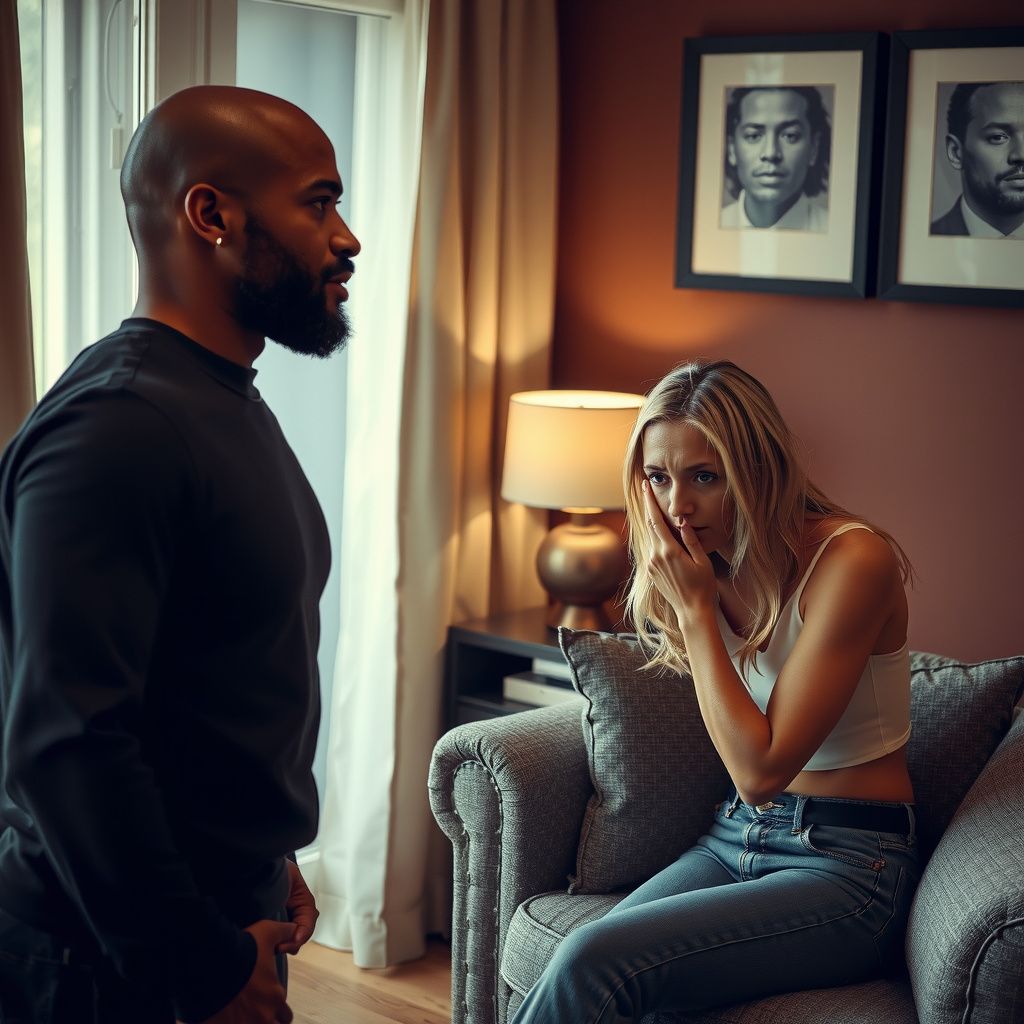 Surreal dream scene, cinematic and atmospheric, digital art: An emotional scene in a stylish modern living room where a concerned bald black man with a beard comforts a tearful blonde woman sitting on a couch, as a tense, shirtless slender dark-haired man in jeans stands nearby, capturing a moment of deep conflict and complex emotions.