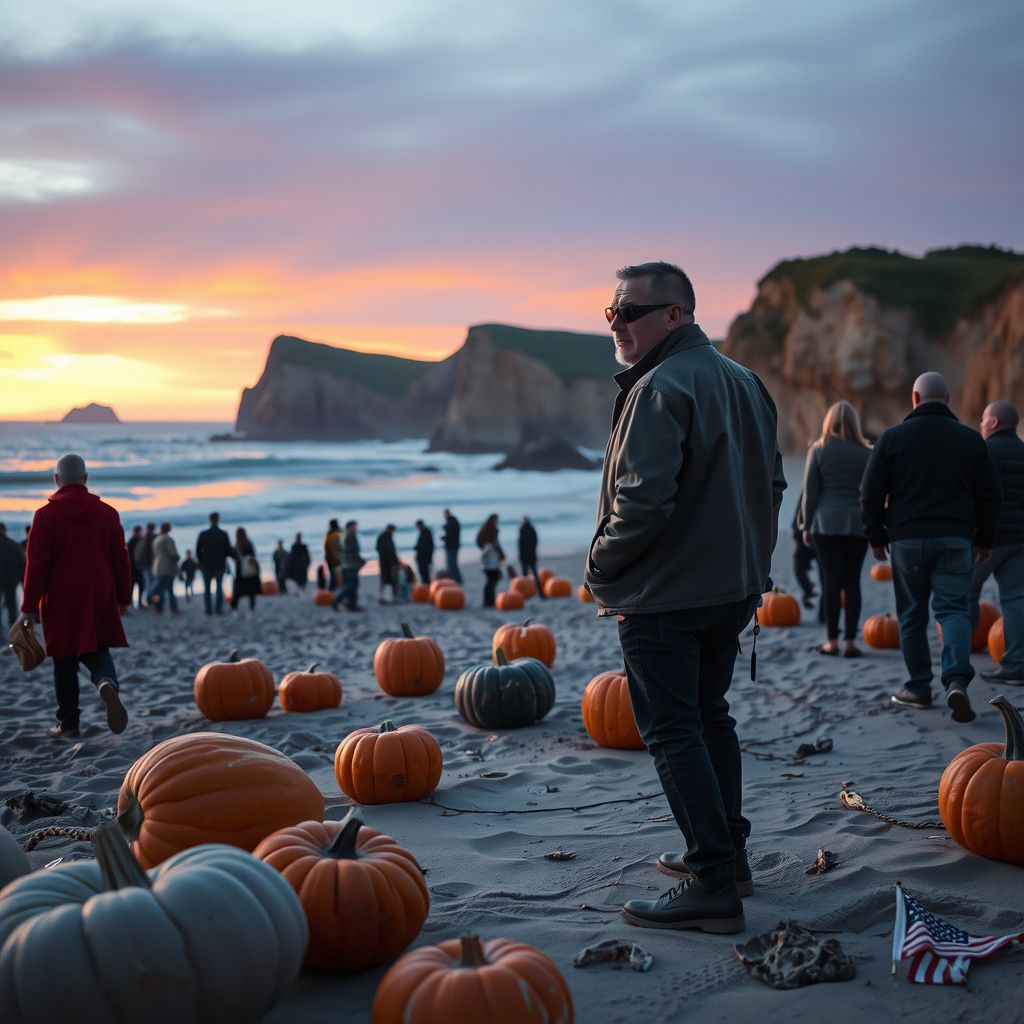 Surreal dream scene, cinematic and atmospheric, digital art: A thoughtful scene showing a blind middle-aged man with a punk style quietly leaving a memorial event on a beach at dusk, surrounded by diverse people, cliffs, and large pumpkins scattered on the sand.