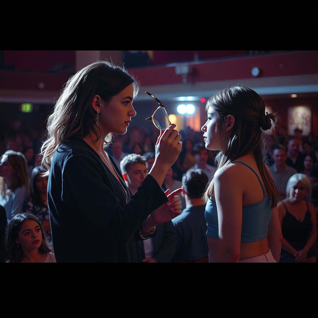 Surreal dream scene, cinematic and atmospheric, digital art: A tense scene at a modern concert theater where a determined young woman confronts another girl who secretly cut her hair, capturing the moment as she firmly holds and bends the girl's broken glasses while a dramatic crowd watches around them.