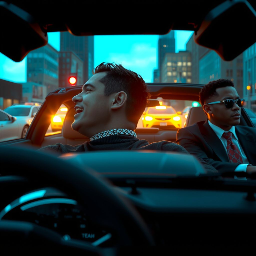 Surreal dream scene, cinematic and atmospheric, digital art: A scene showing John Cena passionately rapping in a high-energy competition while in a sleek, stylish mafia setting led by a conflicted Russell Wong, who navigates tension among his crew before speeding through city traffic in a luxurious sedan with his team dressed in elegant clothing that grants them special passage.