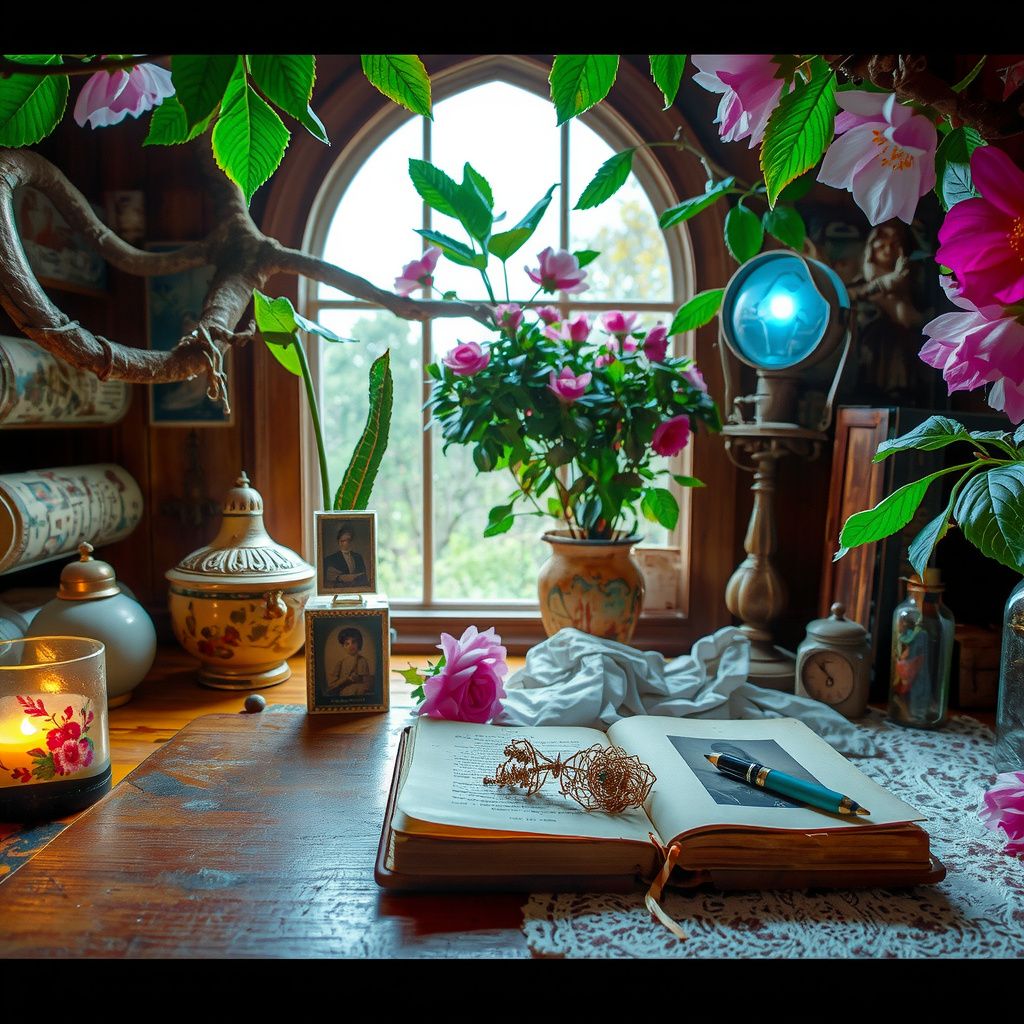 Surreal dream scene, cinematic and atmospheric, digital art: A spacious, vintage room nestled high in a cherry tree, filled with vibrant, unusual hydroponic plants and flowers, old Victorian-era tea packages with elegant designs, antique lamps emitting a soft blue glow, a worn journal resting on a wooden desk surrounded by delicate dresses and nostalgic photographs, all bathed in warm, natural light filtering through leafy branches.