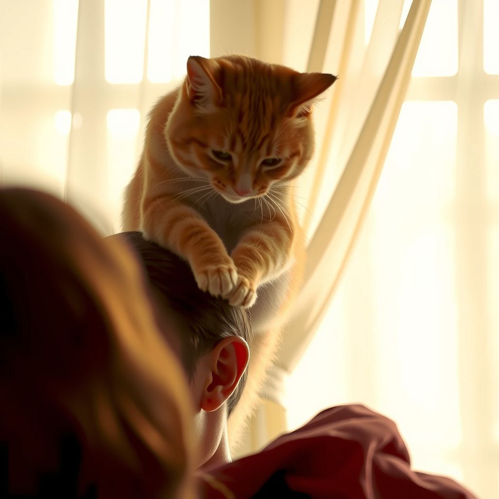 Surreal dream scene, cinematic and atmospheric, digital art: A cozy morning scene showing a fluffy ginger cat perched on a person's head, gently kneading their cheek with claws as sunlight streams softly through parted curtains, capturing a tender and intimate moment filled with warmth and quiet mischief.