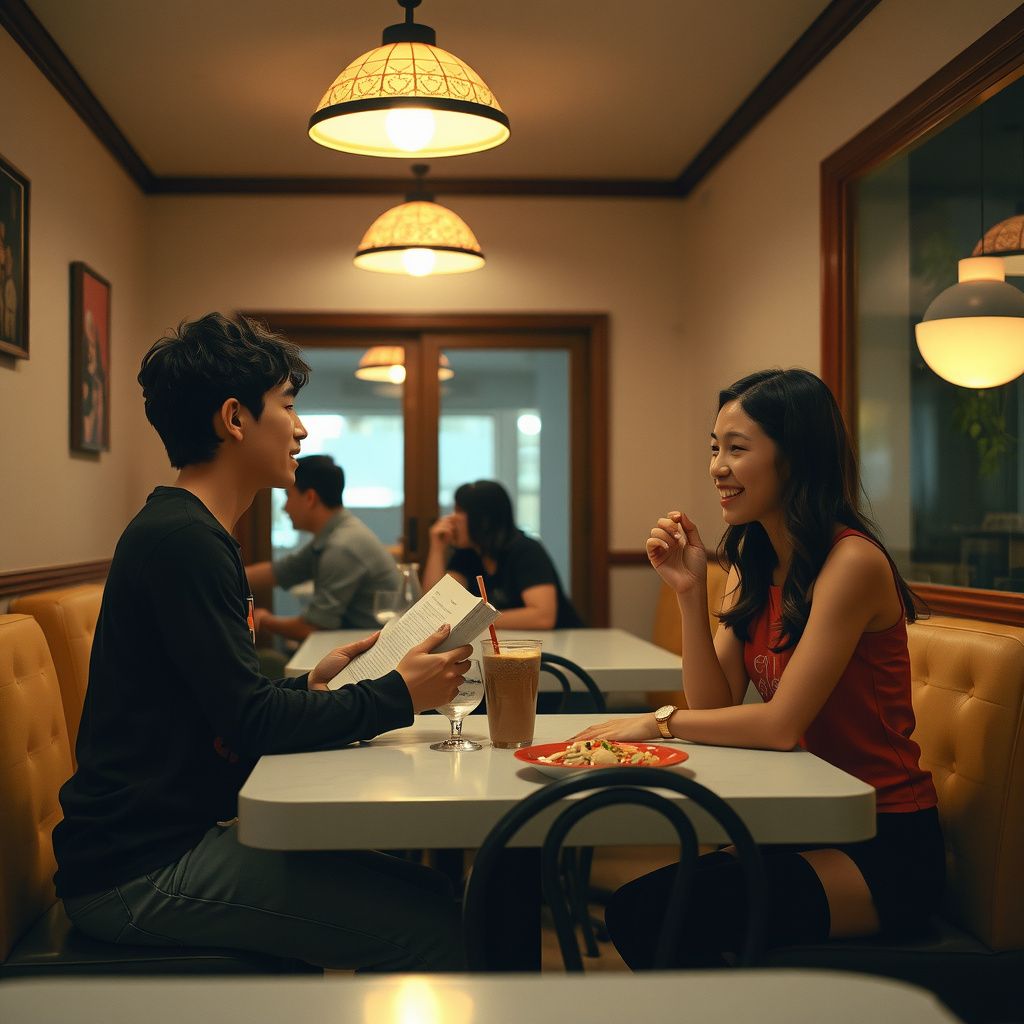 Surreal dream scene, cinematic and atmospheric, digital art: A young person holding a meditation book talks enthusiastically to their boss while bussing tables in an Italian restaurant, then leaves mid-shift to visit a small Thai food stall with a childhood friend, where they order from a minimal menu and share a moment of laughter as the friend receives extra spicy chili peppers.