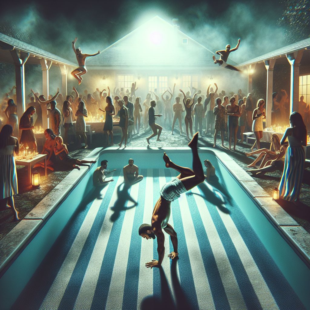 Surreal dream scene, cinematic and atmospheric, digital art: A lively house party scene with a crowd gathered around a covered pool as a man performs consecutive cartwheels across its diagonal, capturing the excitement and energy of the moment.