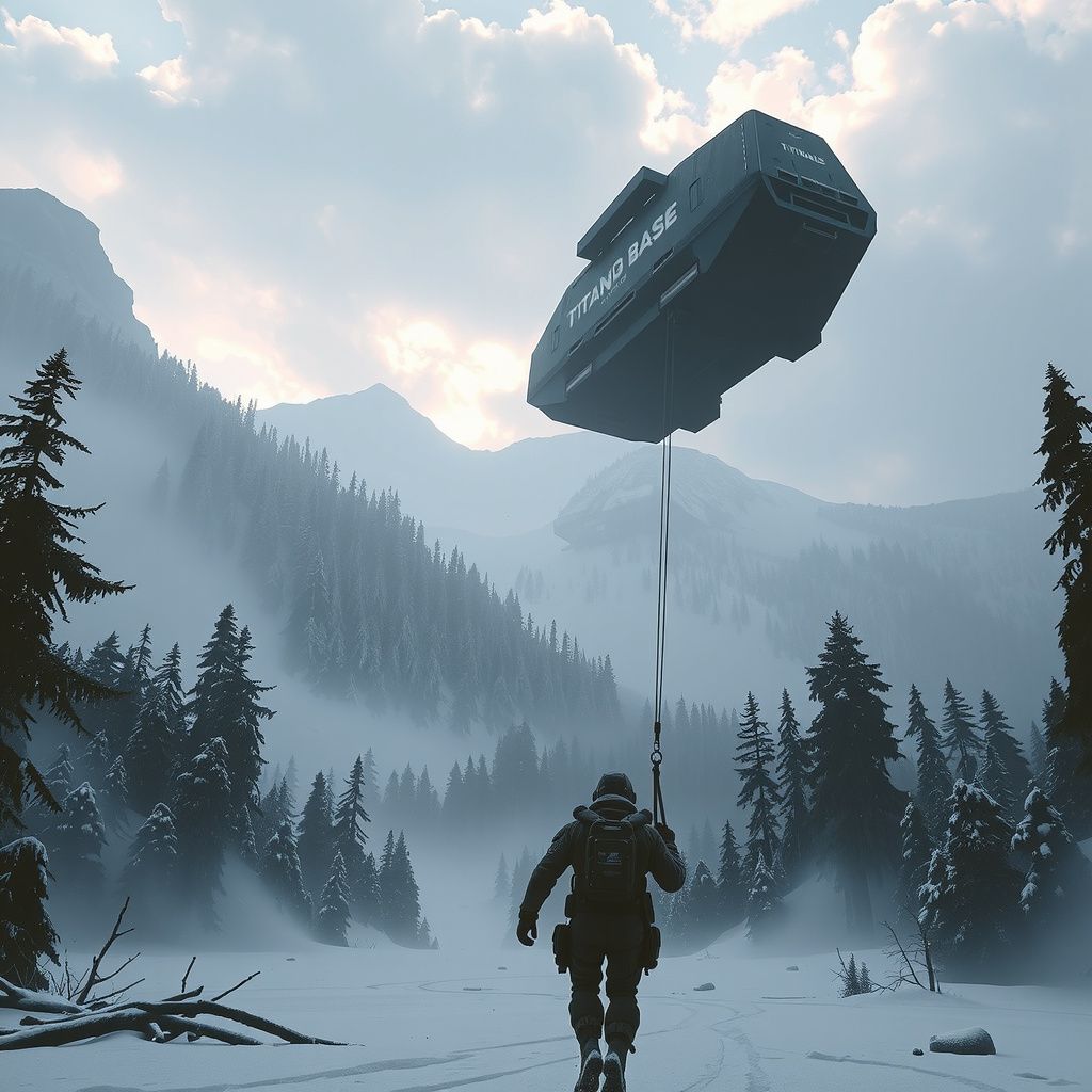Surreal dream scene, cinematic and atmospheric, digital art: A Titanfall pilot uses a grapple to escape a giant flood on the snowy, forested Forward Base Kodai map, racing against time to reach a futuristic cargo ship lifting off into the sky as the evacuation unfolds.