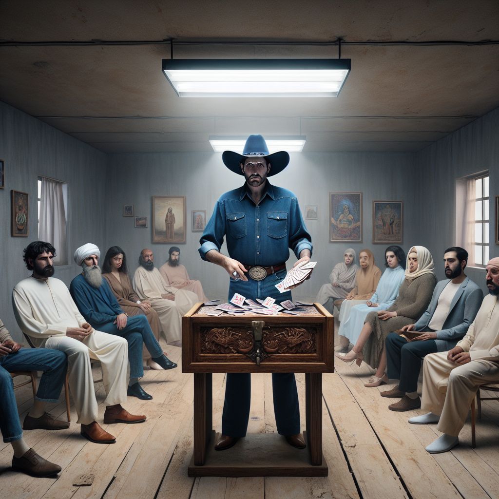 Surreal dream scene, cinematic and atmospheric, digital art: A thin man wearing a large dark blue button-up denim shirt and a big Texas-style hat stands at a podium in an empty room, opening a wooden box shaped like a large tarot card deck to reveal simple magic props, while a small group of unimpressed friends and a concerned father sitting nearby watch silently.